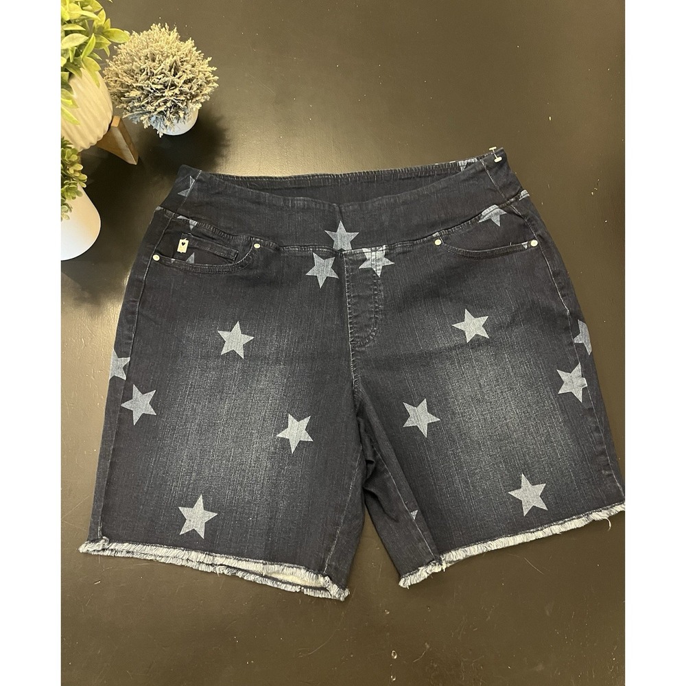 Belle By Kim Gravel Dark Blue Wash Star Stretch Pull On Jean Shorts Sz 18 W